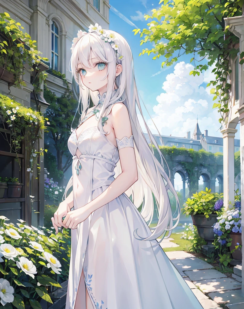 A beautiful woman with green eyes and long, bright platinum blonde hair、White clothes、flower、Detailed landscape、Background information、masterpiece, garden, blue sky, Long Hair, Long eyelashes、1、Small breasts、Tall