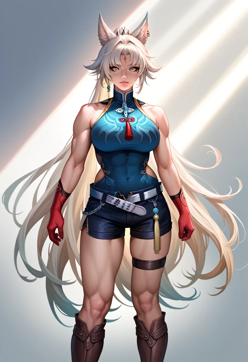 a beautiful anime girl, detailed face, blonde hair, blueSolo,1woman,view from front,  SH_HSR_Feixiao,25 yo extremely muscular woman, flawless perfectly trained body, zero body fat, mighty and hypermuscular professional female bodybuilder, dominant woman, great muscle definition,  FeiDefault, animal ears, long hair, ponytail, multicolored hair, white hair, red eyeliner, ringed eyes, forehead mark, ear piercing, tassel hair ornament, tassel earring, sleeveless shirt, print shirt, brooch, blue shirt, chinese clothes, high collar, bare arms, red gloves, fingerless gloves, white belt, waist cape, black shorts, thigh strap, knee boots eyes, long flowing hair, white background, realistic full body portrait, extremely detailed, high quality, cinematic lighting, photorealistic, hyper detailed, detailed facial features, detailed eyes, oversize t-shirt,shorts, detailed lips, detailed nose, long eyelashes, flawless skin, large breasts, delicate features, elegant pose, dramatic lighting, vibrant colors, intricate details, masterpiece, (best quality,4k,8k,highres,masterpiece:1.2),ultra-detailed,(realistic,photorealistic,photo-realistic:1.37)