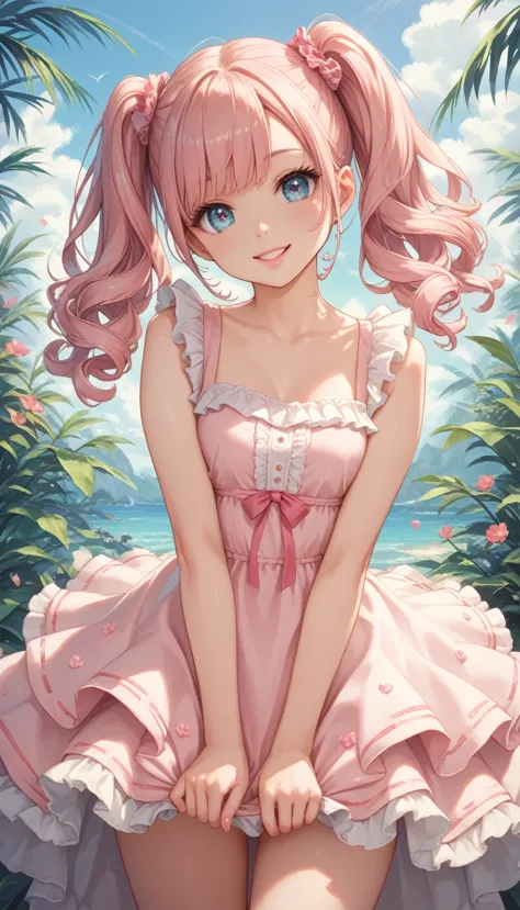 ultra detailed, detailed cute eyes, japanese, (cute girl), looking at the photographer, smiling, (curly pink and twintails hair)...