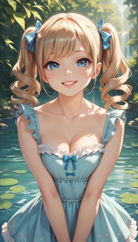 ultra detailed, detailed cute eyes, japanese, (cute girl), looking at the photographer, smiling, (curly blue and twintails hair)...