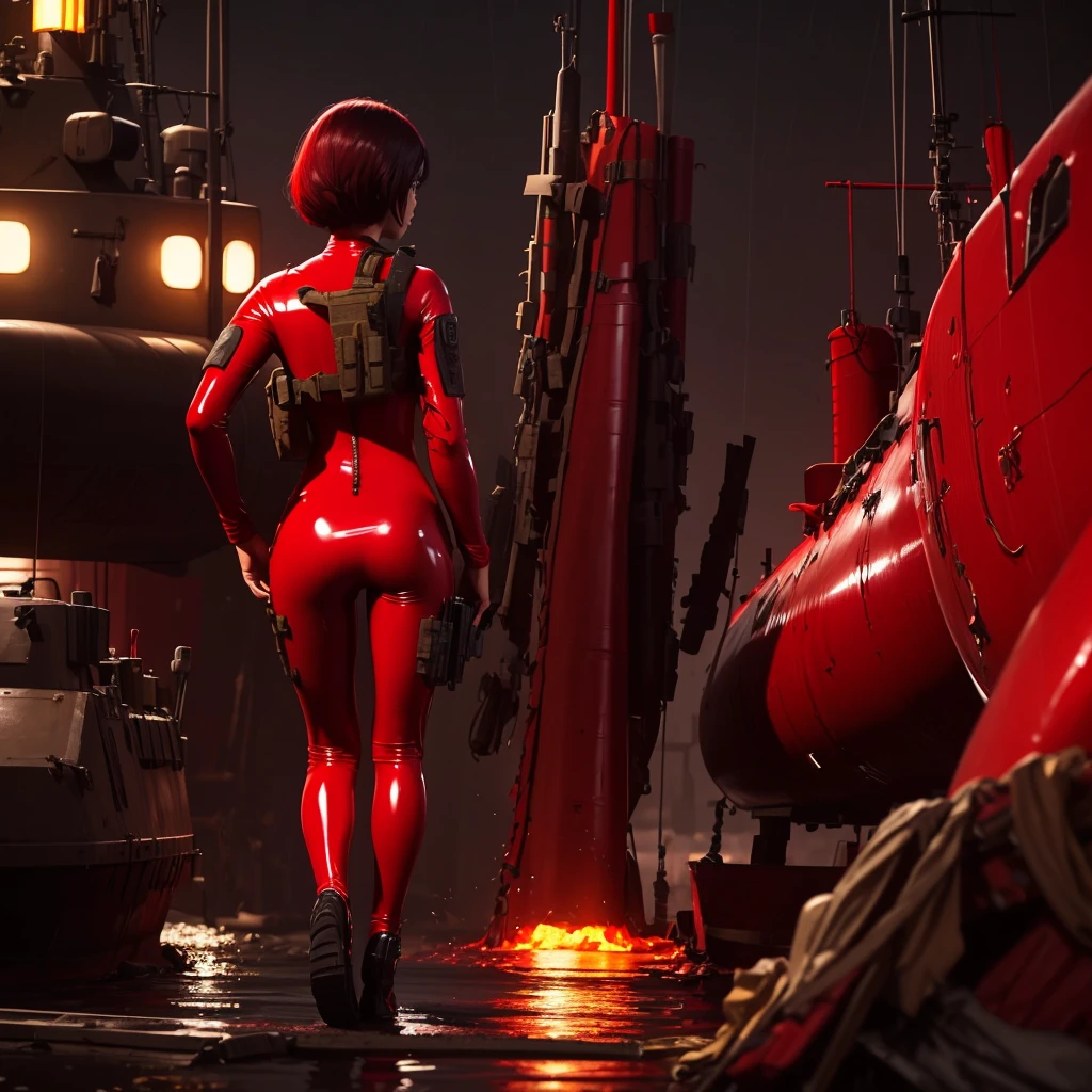 (1 girl operator wearing a red latex bodysuit) in full body from behind ready for assignment in a naval base during a rainy night, vector art, military style, submarine in the background, call of duty, cinematic scene like the movie Crimson Tide, powerful scene, masterpiece, best quality, logo, brand,