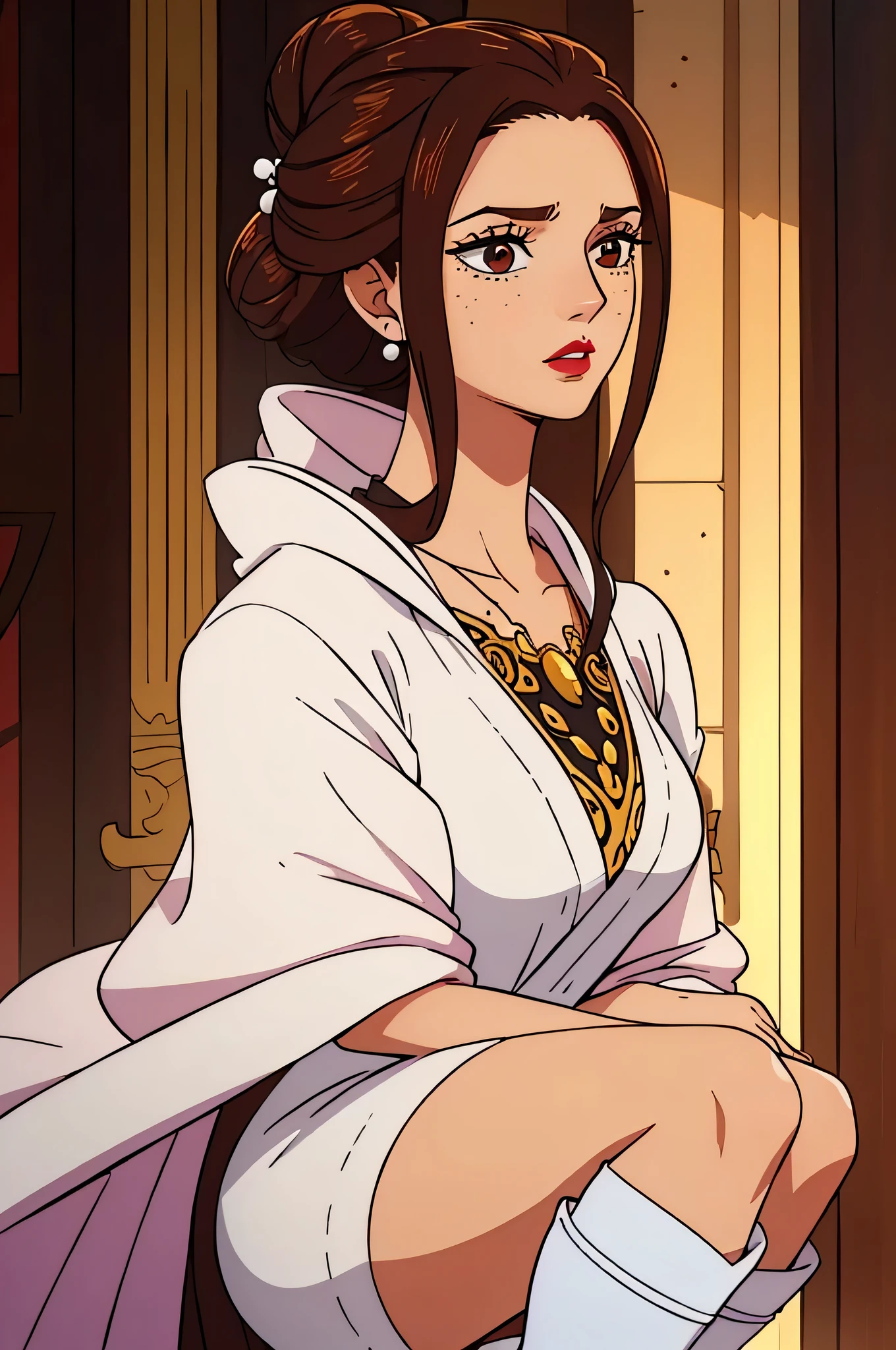 A confident young queen with an air of authority, her brown hair fully gathered into an intricate chignon atop her head. Her face is sprinkled with freckles, and her full lips are accentuated with lipstick. She wears pearls, a white robe and black boots. Her expression is both solemn and compassionate, radiating regal authority and empathy. The image is well-lit, emphasizing her royal presence, the elaborate hairstyle, and the detailed design of her majestic outfit. The overall mood is somber, with soft lighting that highlights her authority while maintaining a respectful, safe-for-work presentation.