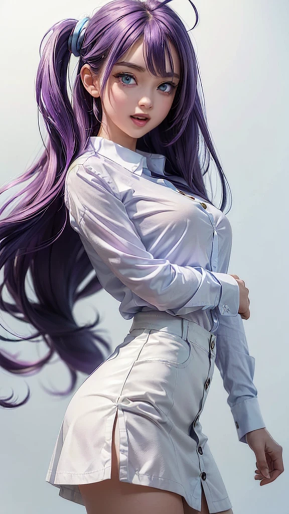 ((masterpiece, best quality)), (1girl), (solo), (female focus), (gamer girl), (ahoge, purple hair, very long hair), large light blue eyes, light smile, open mouth, ((white shirt), (buttoned shirt), (button gap)), (short skirt)), standing, white background, arms behind back, dynamic angle,