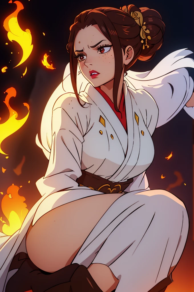 A young queen with an air of fierce authority, her brown hair fully gathered into an intricate chignon atop her head. Her face is sprinkled with freckles, and her full lips are accentuated with lipstick. She wears a white robe with a long skirt, paired with black boots. Her expression is filled with anger and intensity, yet still radiates regal authority. The image is well-lit, highlighting the fire in her eyes, her commanding presence, and the intricate details of her outfit and hairstyle. The overall mood is somber, with soft lighting that highlights her authority while maintaining a respectful, safe-for-work presentation.