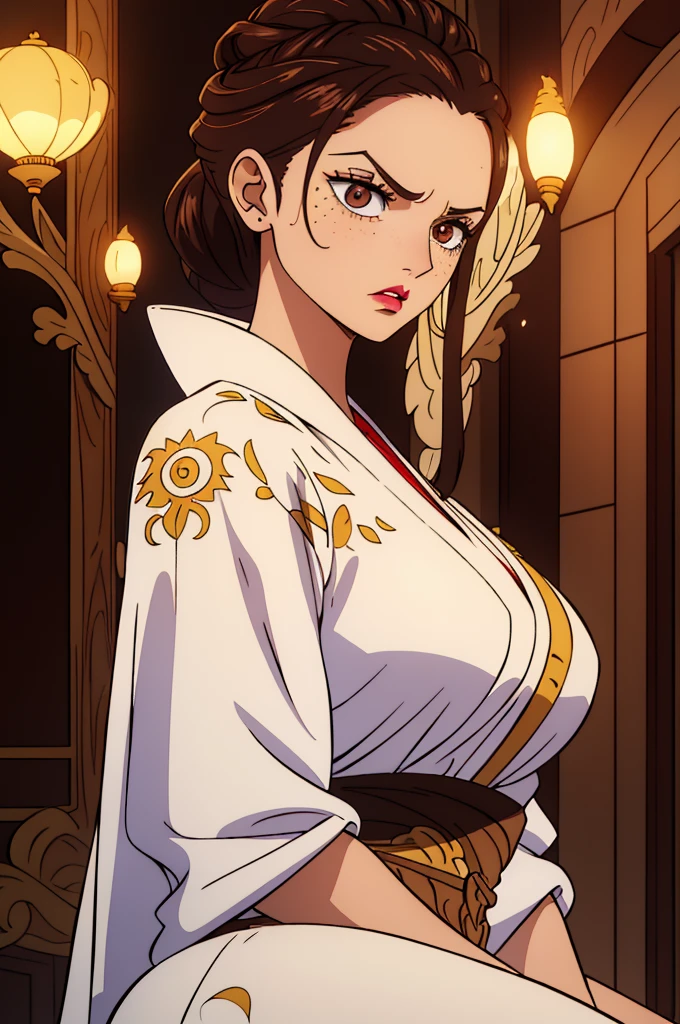 A young queen with an air of fierce authority, her brown hair fully gathered into an intricate chignon atop her head. Her face is sprinkled with freckles, and her full lips are accentuated with lipstick. She wears a white robe with a long skirt, paired with black boots. Her expression is filled with anger and intensity, yet still radiates regal authority. The image is well-lit, highlighting the rage in her eyes, her commanding presence, and the intricate details of her outfit and hairstyle. The overall mood is somber, with soft lighting that highlights her authority while maintaining a respectful, safe-for-work presentation.