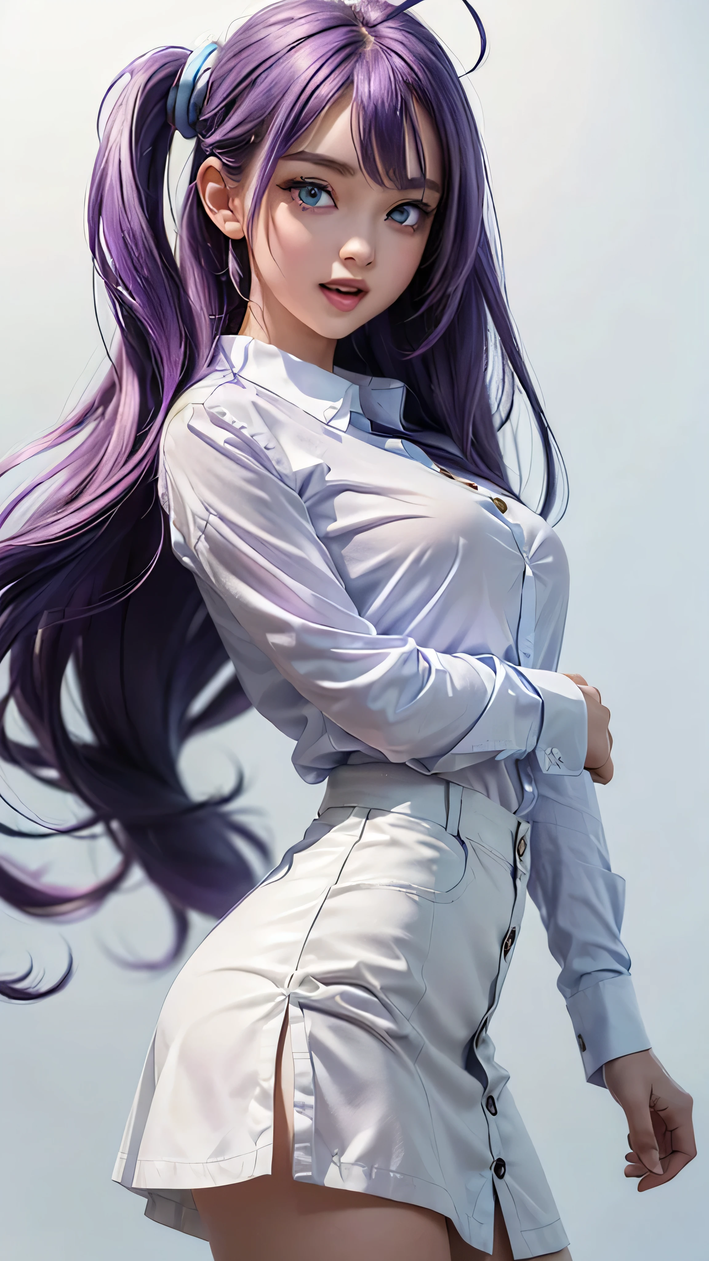 ((masterpiece, best quality)), (1girl), (solo), (female focus), (gamer girl), (ahoge, purple hair, very long hair), large light blue eyes, light smile, open mouth, ((white shirt), (buttoned shirt), (button gap)), (short skirt)), standing, white background, arms behind back, dynamic angle,