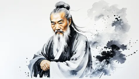 an old bold man with a long white beard beard and long white hair at the back, portrait of lao tzu, portrait of laozi, ueshiba r...