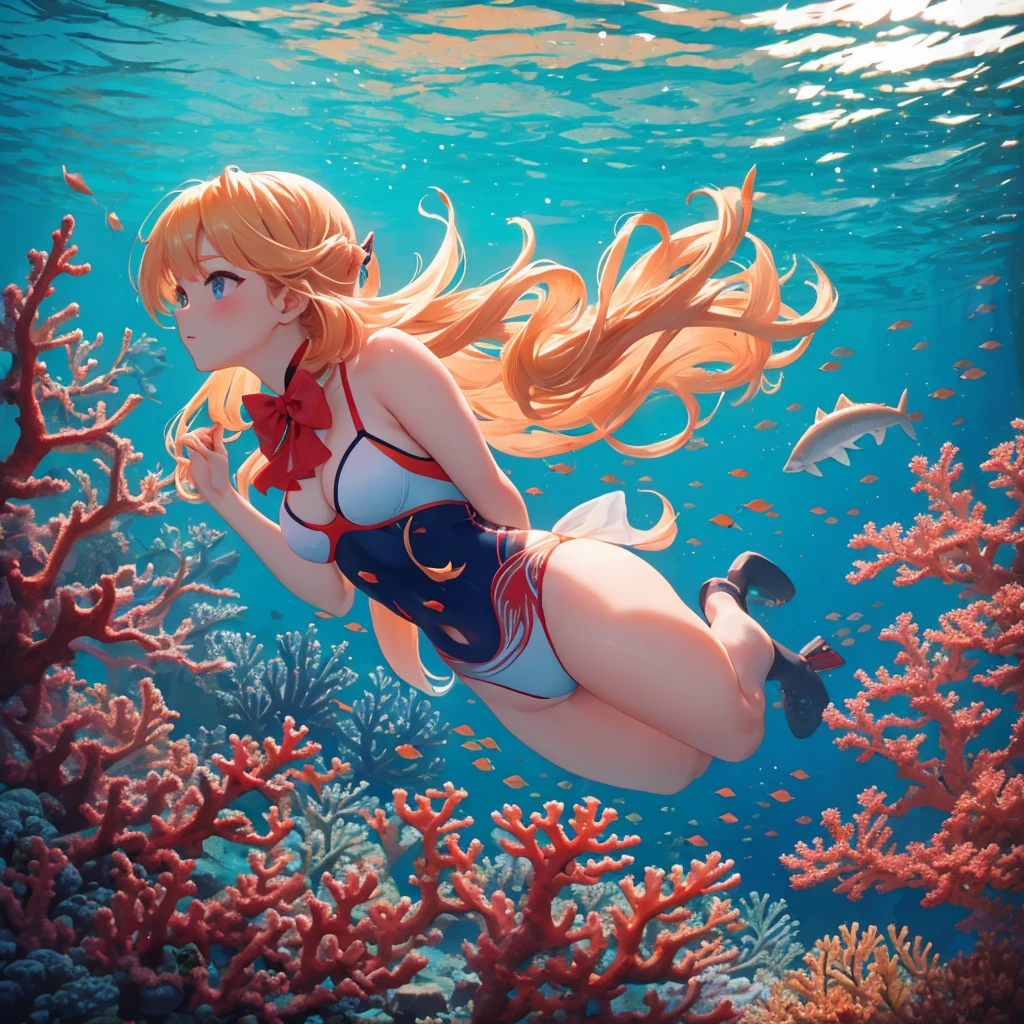 Serene underwater scene for vibrant photorealistic coral reef video background。A beautiful woman with blonde hair and a big red bow tied in a ponytail is snorkeling and swimming very far away.。Coral reefs are a kaleidoscope of colors、From deep purple to bright orange、Corals swaying gently in the current。There is natural light shining through the water in the sky。