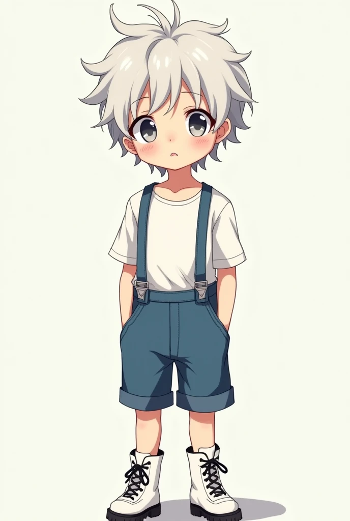 An  boy with fair skin, gray eyes, medium-length white hair cut in a Messy Bedhead Look. He wears a white shirt, dark pastel blue shorts with blue suspenders, and white combat boots. Anime art Style