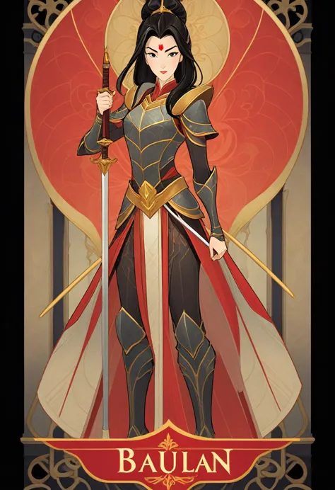 1 mulan, armor, full body standing painting, (((solo))), clear facial features, simple line design, ((tarot card background, sym...