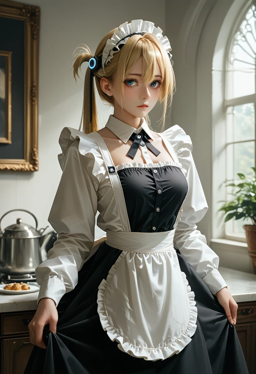 A masterpiece, best quality, high resolution, 1 girl, Hayasaka Moon, One, blonde hair, maid, Blue eyes, Side tail, Hair elastic, Hair decoration, синяя Hair elastic, maid headdress, apron, hair between the eyes, breast, long sleeves, bang, white shirt, black dress, sidelocks, maid apron, black tights,  cowboy shot,  