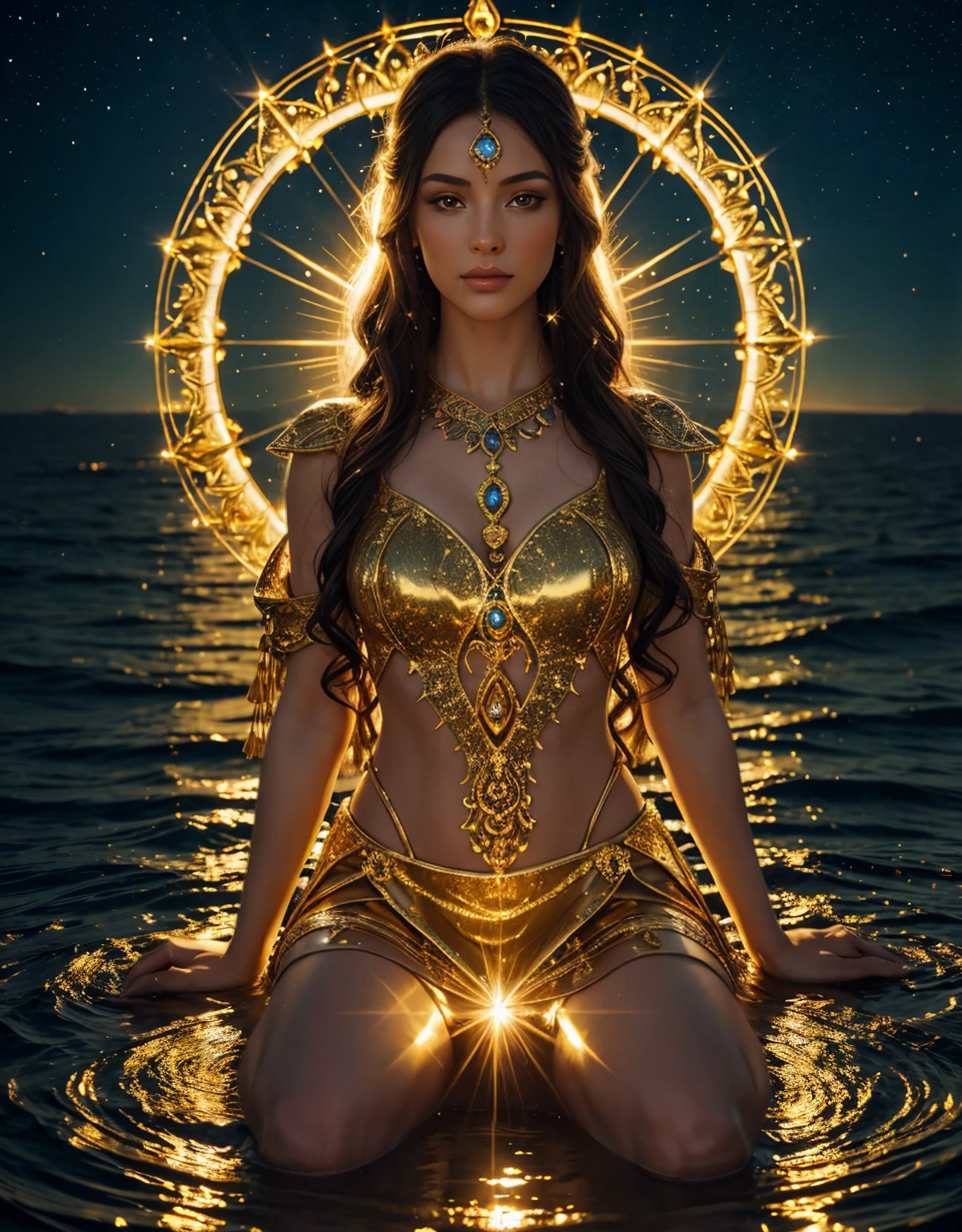 Fantasy style illustration of a charming and graceful woman in meditation with a grail diamond, dressed in a dark gold tunic with shining luminous patterns of constellations, decorated with sparkling gold threads, glowing gold threads woven into long curly hair, ocean and sunset over water, sun reflecting in water, sun glare everywhere, epic glowing scene, dynamic pose, bright colors, mystery, mysticism, hd