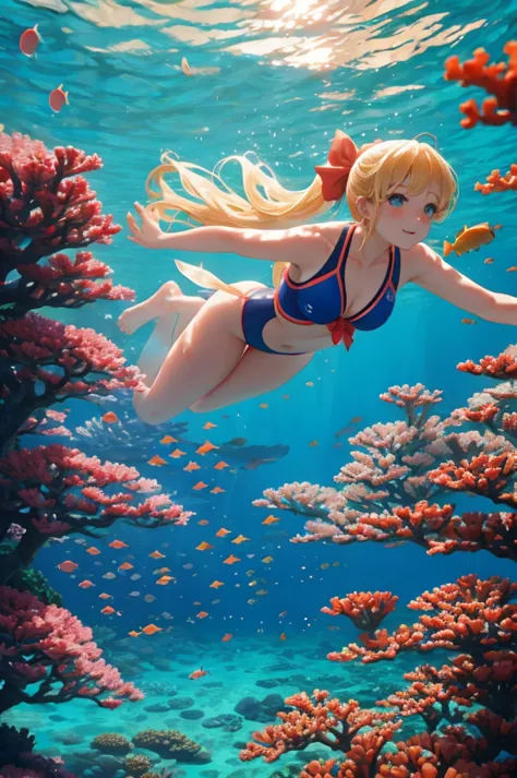 serene underwater scene for vibrant photorealistic coral reef video background。a beautiful woman with blonde hair and a big red ...