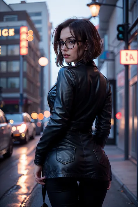 masterpiece, best quality, (lifelike:1.4), beautiful woman, from behind, round ass, short brown hair, light gray glasses, black ...