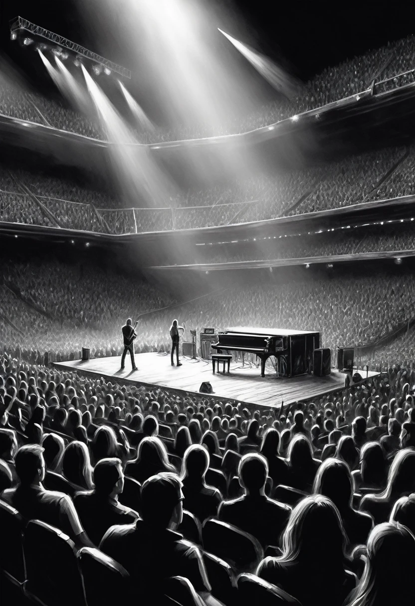 Charcoal pencil drawing, black and white,, create a digital painting, 4k, The highest quality, show only the Rock Concert Audience,empty platform
