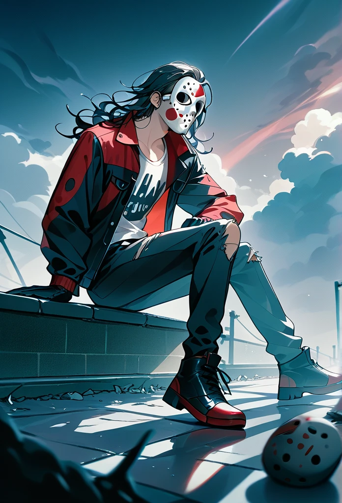 mature male, humanoid, (jason voorhees mask, black jason voorhees mask), black wavy hair (torn jacket, ragged jacket), shadow aura, black aura, hellish background, ruined city, apocalypse, (arms on side), (black skies, dark clouds)