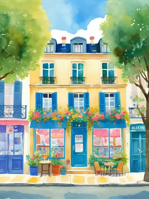 a watercolor painting showing the front view of an art studio in paris with flowers and trees，cartoon style，cartoon trees，illust...