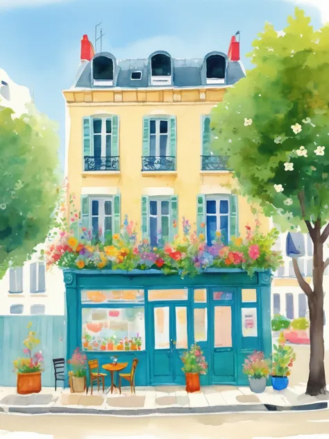 a watercolor painting showing the front view of an art studio in paris with flowers and trees，cartoon style，cartoon trees，illust...