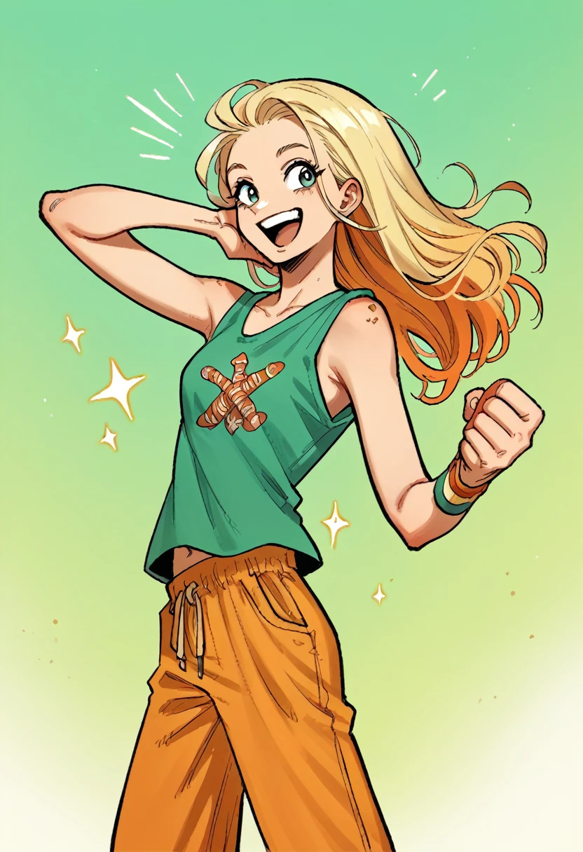 Kaya is a young woman of average height, slim, pale complexion and is a girl with long blonde hair. Her simple dress was replaced by yellow pants with orange stripes and a green low-cut sleeveless T-shirt with the word "happy" written on the chest.