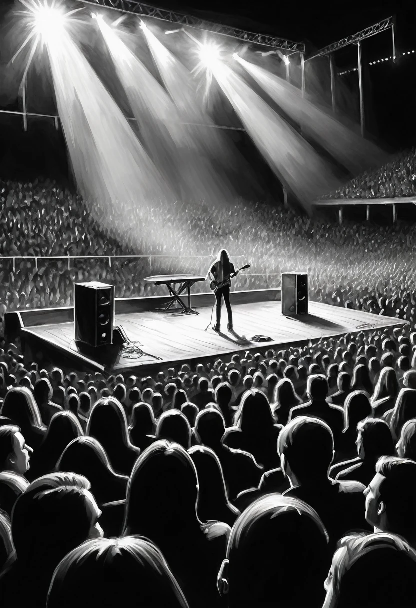 Charcoal pencil drawing, black and white,, create a digital painting, 4k, The highest quality, show only the Rock Concert Audience,empty platform
