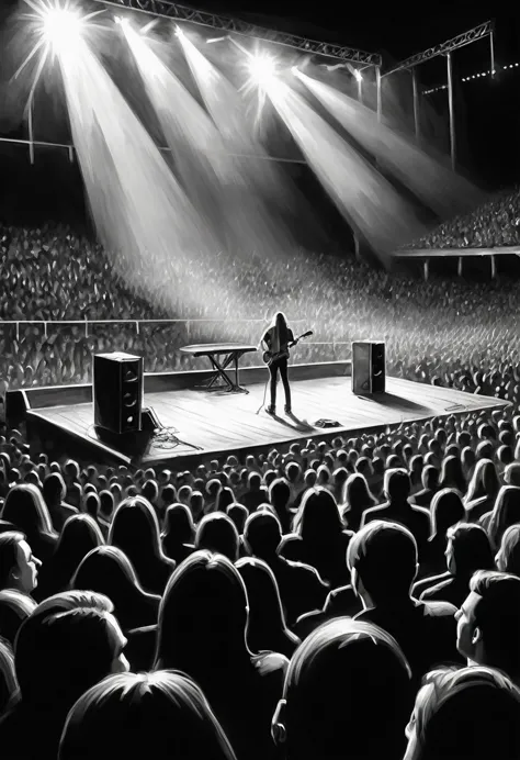 charcoal pencil drawing, black and white,, create a digital painting, 4k, the highest quality, show only the rock concert audien...