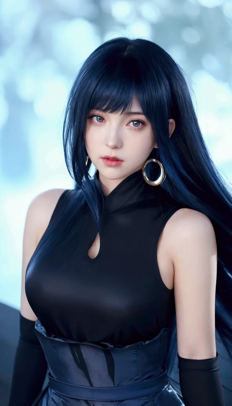 a close up of a woman with long blue hair wearing a black dress, seductive tifa lockhart portrait, anime girl cosplay, dark blue leotard costume, seductive anime girl, anime girl in real life, beautiful alluring anime woman, realistic young anime girl, realistic anime, dark blue long hair, she has black hair with bangs, hyper realistic anime, anime waifu