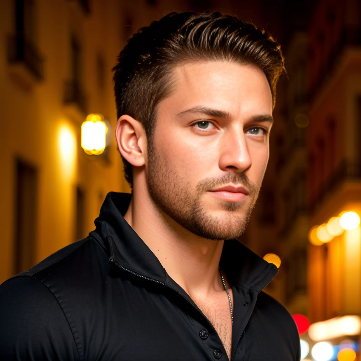 1man, A close medium shot of a charismatic male fitness model, 30 years old，small beard, Sexy and charming expression，gloomy eyes，Blue eyes, captured seen from side, looking away and smiling slightly, in a Barcelona street at night, wearing black long-sleeved shirt, night city lighting, cinematic and moody, (best quality,4k,8k,highres,masterpiece:1.2),ultra-detailed,(realistic,photorealistic,photo-realistic:1.37),HDR,studio lighting,professional,vivid colors,dramatic lighting