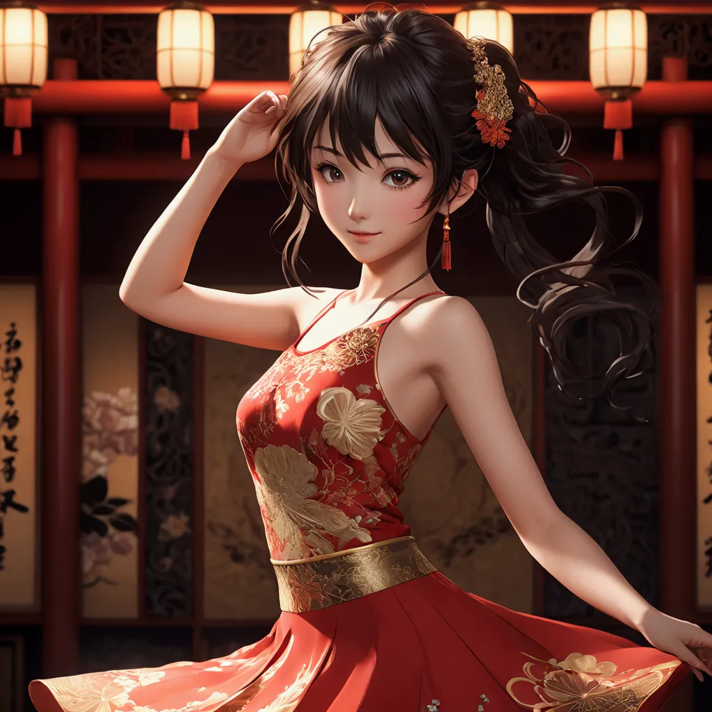 a beautiful japanese woman (, 2d anime style, intricate details, hyper-realistic, extremely intricate details, 8k). in a short r...