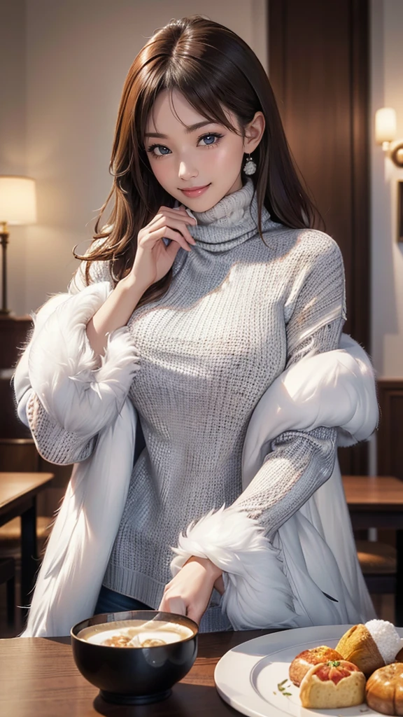 (table top、highest quality、8k、Award-winning work、ultra high resolution)、one beautiful woman、(Wear a thick, large fur coat and a turtleneck knit elegantly:1.3)、that&#39;s right、brown hair、(short hair:1.1)、epic movie lighting、(Romantic affection:1.1)、(The most romantic and moody atmosphere:1.1)、winter、snow scene、It&#39;s snowing、(Walking in the snow in Norway:1.1)、look at me、(very big breasts:1.2)、(Emphasize body line:1.1)、blurred background、accurate anatomy、Ultra HD Hair、Perfect and beautiful teeth in ultra high resolution、Ultra high definition beauty face、Ultra HD Hair、Ultra-high definition sparkling eyes、Shining, ultra high-resolution beautiful skin、ultra high resolutionの艶やかな唇、(close up of face:1.1)