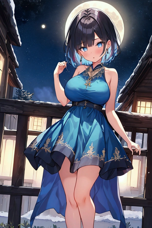 Full body image, night, ((1 girl)), alone, Adult women, Baby Face, masterpiece, 8K wallpaper, High resolution, Absurd, High Quality Backgrounds, Short Hair, Black Hair, Multicolored Hair, Big Breasts, Slim body, Beautiful frozen village, (Bright full moon), Blue Dress, Detailed dress, Jewelry mini Dress, (magic:1.2), blue fire, blue eyes, Glowing Eyes, Attention to detail