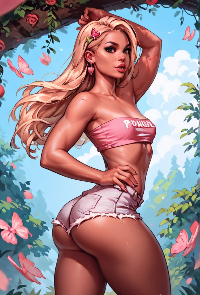 score_9, score_8_up, score_7_up, score_6_up, score_5_up, score_4_up, score_9,zPDXL2, 1girl, long blonde hair, full lips, side part, golden tan skin, pink tube top, small breasts, pink short shorts, toned, bubble butt, athletic,
