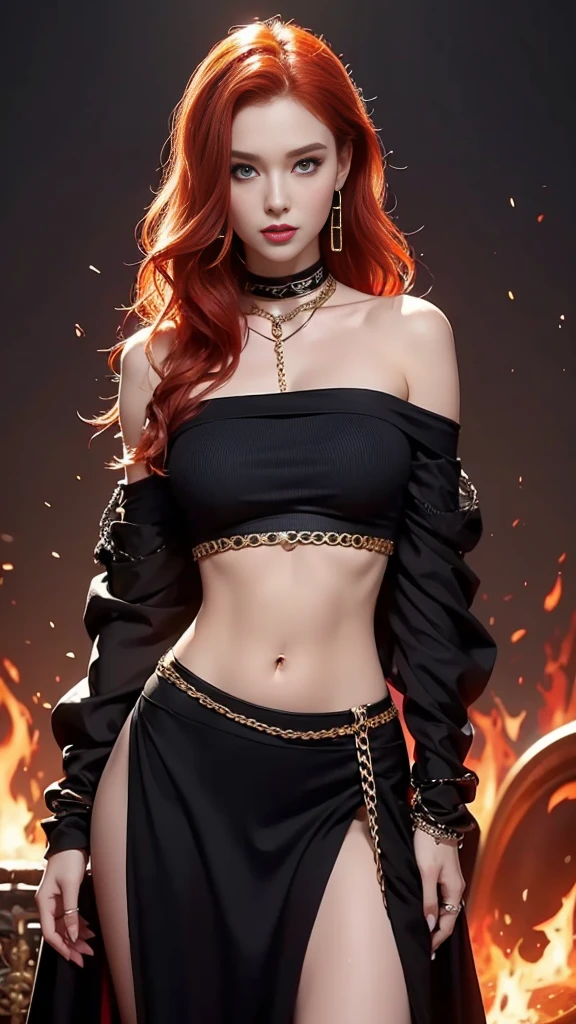 A girl with beautiful and attractive wavy red hair, perfect body and perfect face, thin waist, very thin chain on her waist, and chain jewelry, off the shoulder black crop top, nfsw, flaming background