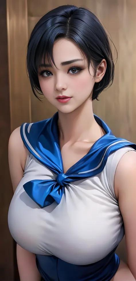 beauty、very cute face、outstanding proportions、best image quality、masterpiece、8k、soft look、upper body only、(sailor mercury、every ...