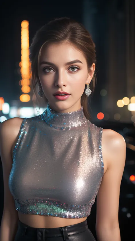 a beautiful detailed girl, extremely detailed face and eyes, long eyelashes, tall and slim, wearing a stylish sequin silver crop...