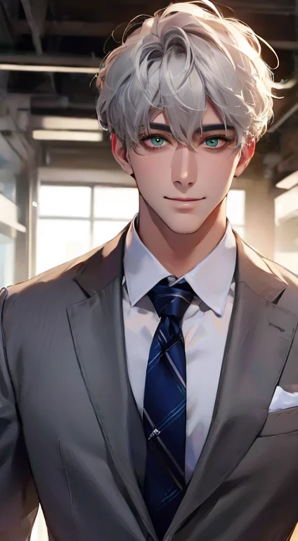 (Highest quality,4K,8K,High resolution,masterpiece:1.2),Super detailed,(Realistic,photoRealistic,photo-Realistic:1.37),1 personld,Mature Men,Beautiful skin、very handsome,Expressionless smile in love,Short white hair,green eyes,Sharp Eyes,A perfect face without a doubt,Businessman, CEO, Office Background,Cinema Lighting,HDR image,tie、