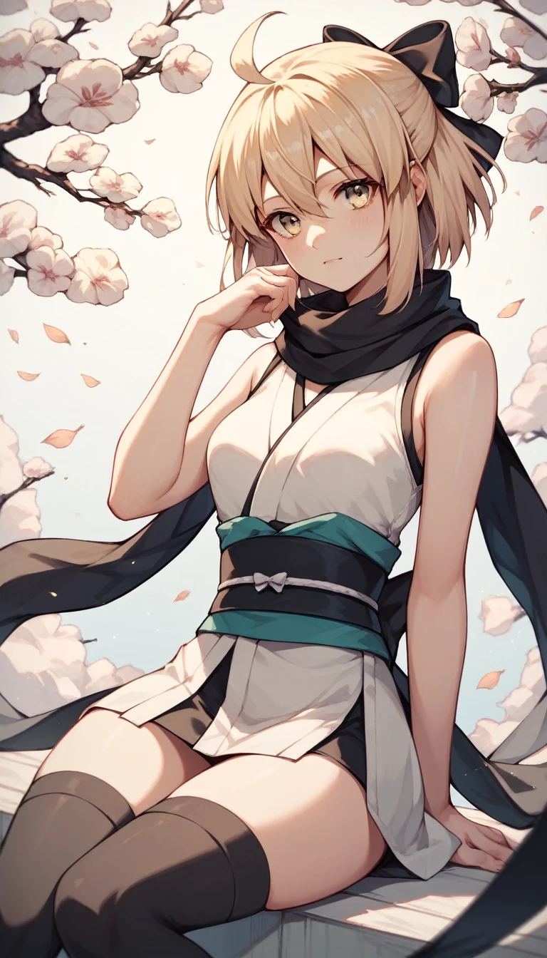 okita, yellow eyes, blonde hair, short hair, ahoge, hair bow, black bow, black scarf, white kimono, short kimono, black sash, sleeveless, black thighhighs