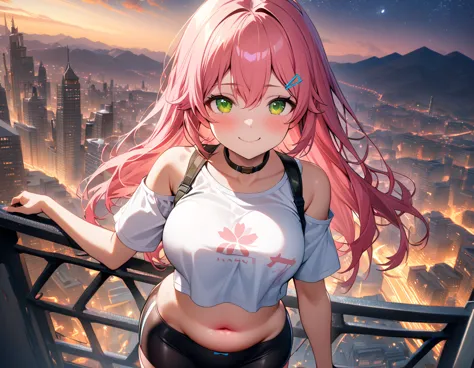 (8k、best image quality、highest quality、masterpiece)、detailed face、 1teen_girl、pink hair、long hair、green_eyes、smile,(navel_peek)、...