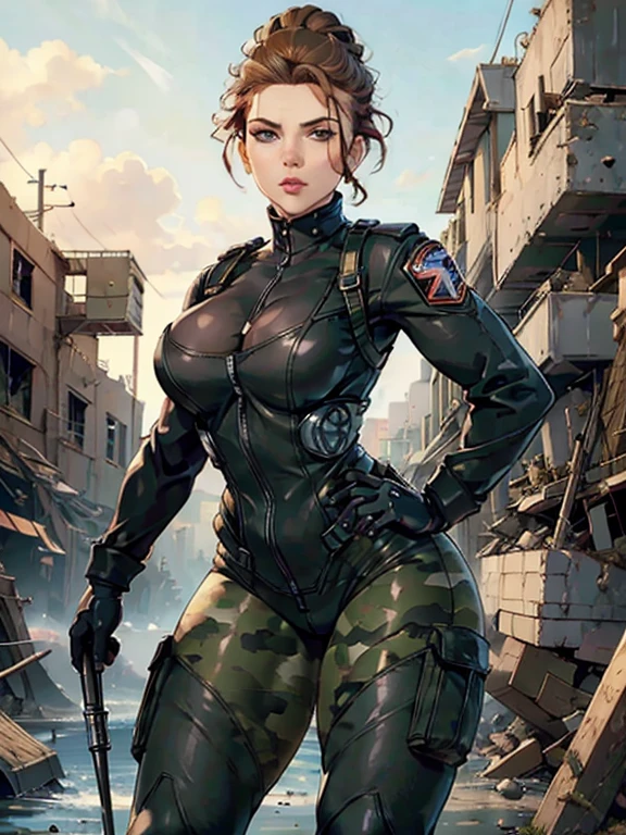 Scarlett Johansson, military woman, beautiful, beautiful face, realistic face, beautiful hazel eyes, brunette hair bun hairstyle, puffy lips, slim athletic body, perfect figure, perfect breasts, round ass, thick thighs, military uniform, tactical gear, tactical gloves, black combat boots, tight camouflage pants, destroyed building in background, tight fit full outfit, head to toe, captured by enemies, captive, dirt covered around her body,