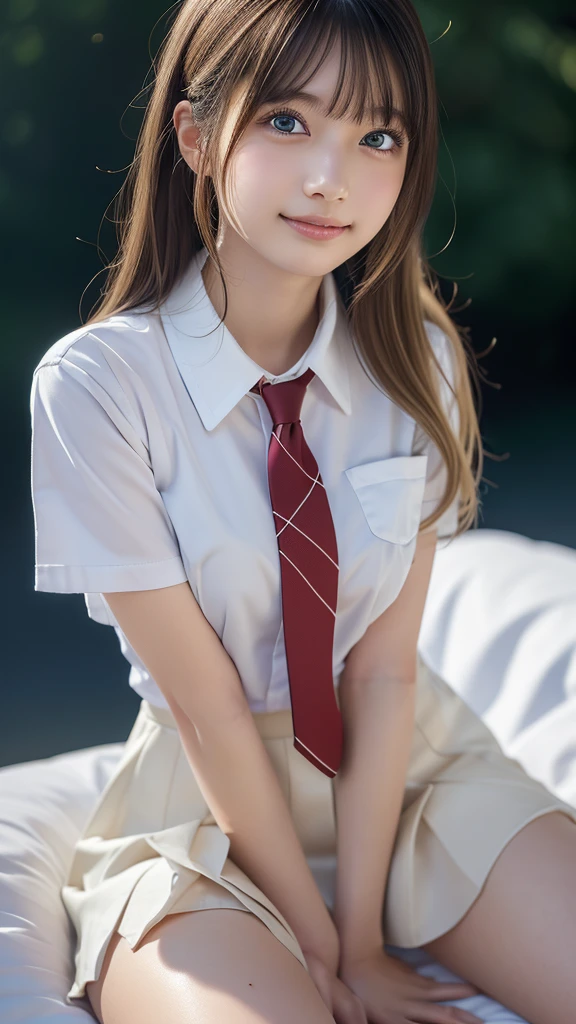 ((masterpiece, Best Quality, High resolution)), Japanese schoolgirl、(Realistic: 1.4), smile、Great face,blue eyes、Glossy Lips、Age 15, ponytail、(Blonde:1.5), Japanese High School Uniform、(White dress shirt、Short sleeve)、(Red tie)、(White very short mini skirt)、(Beautiful body、Beautiful breasts、Beautiful thighs、Beautiful legs、Perfectly detailed fingers)、On the bed、Sitting with legs wide open、Stare、Smooth, Highly detailed CG composite 8K wallpaper, High resolutionのRAWカラー写真, Professional photography, Light, BackLight, Dreamy, Impressive, Written boundary depth, (Face close-up:1.5)