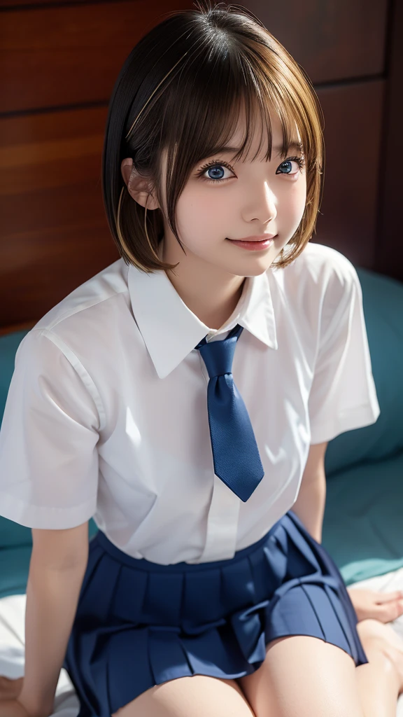 ((masterpiece, Best Quality, High resolution)), Japanese schoolgirl、(Realistic: 1.4), smile、Great face,blue eyes、Glossy Lips、Age 15, Short Hair、(Blonde:1.5), Japanese High School Uniform、(White dress shirt、Short sleeve)、(Red tie)、(White very short mini skirt)、(Beautiful body、Beautiful breasts、Beautiful thighs、Beautiful legs、Perfectly detailed fingers)、On the bed、Sitting with legs wide open、Stare、Smooth, Highly detailed CG composite 8K wallpaper, High resolutionのRAWカラー写真, Professional photography, Light, BackLight, Dreamy, Impressive, Written boundary depth, (Face close-up:1.5)