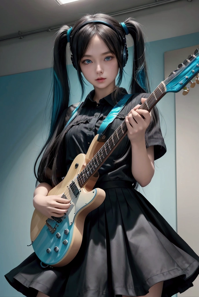 ((masterpiece, Best Quality))One girl, Alone, Black Dress, blue eyes, electric guitar, guitar, Headphones, Double Ponytail, holding, Hold the pick, Instruments, Long Hair, music, One side up, Turquoise Hair, Twin tails, guitarを弾く, Pleated skirt, Black Shirt, interior