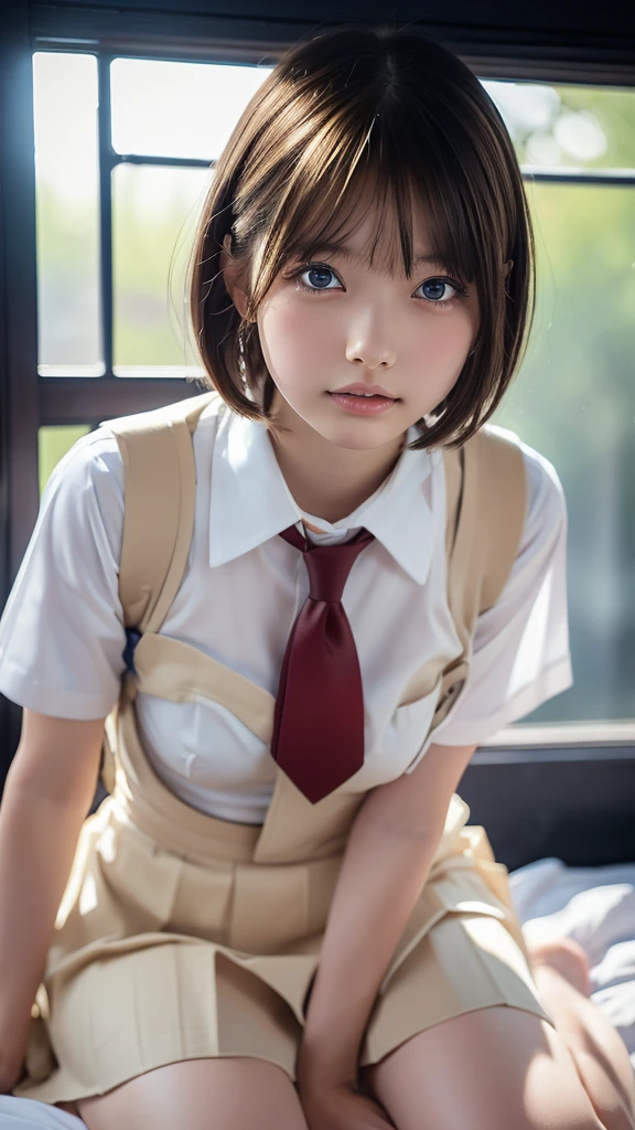 ((masterpiece, Best Quality, High resolution)), Japanese schoolgirl、(Realistic: 1.4), Great face,blue eyes、Glossy Lips、Age 15, Short Hair、(Blonde:1.5), Japanese High School Uniform、(White dress shirt、Short sleeve)、(Red tie)、(White very short mini skirt)、(Beautiful body、Beautiful breasts、Beautiful thighs、Beautiful legs、Perfectly detailed fingers)、On the bed、Sitting with legs wide open、Looking down from above、Stare、Smooth, Highly detailed CG composite 8K wallpaper, High resolutionのRAWカラー写真, Professional photography, Light, BackLight, Dreamy, Impressive, Written boundary depth, (Face close-up:1.5)