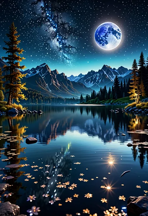 a tranquil night scene with a large glowing full moon reflected perfectly in a calm lake, night sky filled with countless stars ...