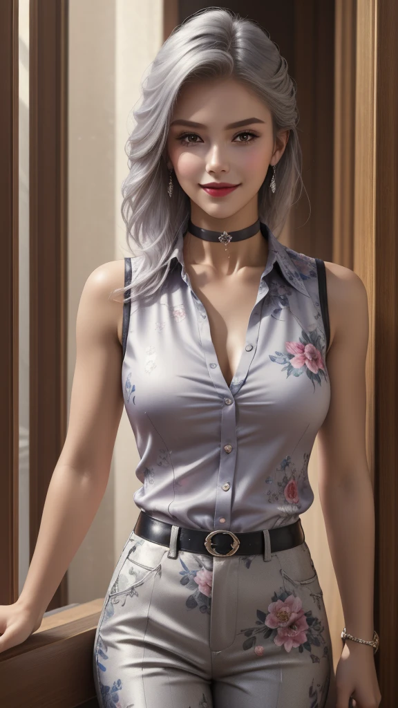 ((best quality, masterpiece)), detailed, realistic, 1woman, cool, fancy ((sleeveless)) short floral print shirt unbuttoned, (American armhole), stylish pants, choker, long stylish platinum silver hair, dark shades, smug smile