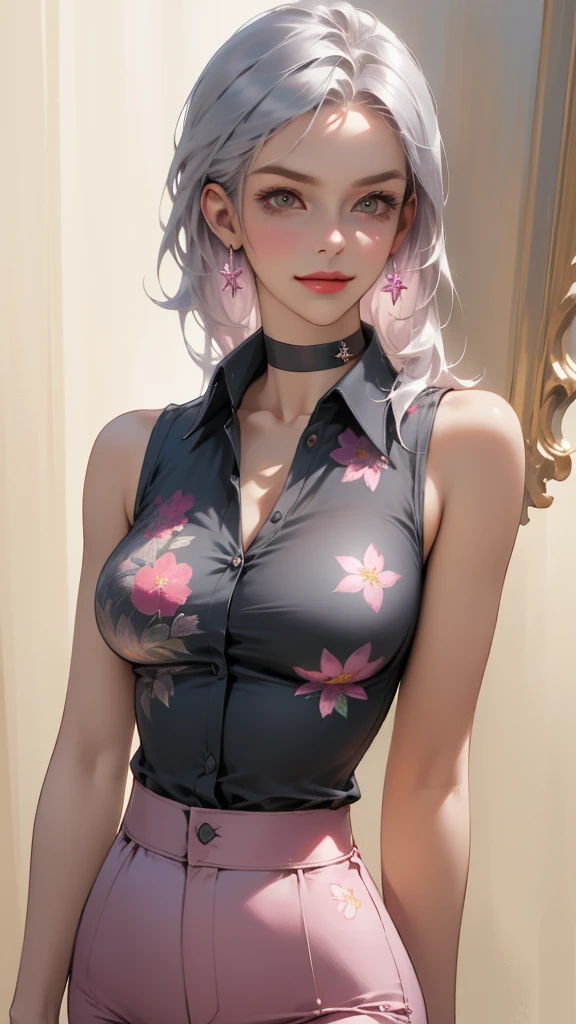 ((best quality, masterpiece)), detailed, realistic, 1woman, cool, fancy ((sleeveless)) short floral print shirt unbuttoned, (American armhole), stylish pants, choker, long stylish platinum silver hair, dark shades, smug smile round premium breasts , sexy breasts , amazing boobies