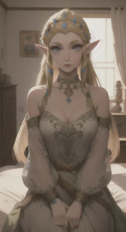 Ancient Hylian, lore accurate, blonde, princess Zelda, looking at viewer, POV, classic dress, long messy hair, ancient Hyrule, Hyrule castle, her bedroom,