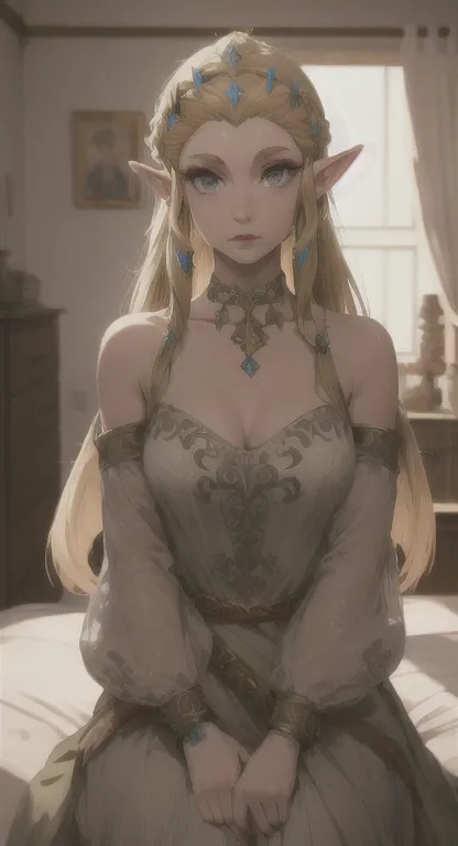 ancient hylian, lore accurate, blonde, princess zelda, looking at viewer, pov, classic dress, long messy hair, ancient hyrule, h...