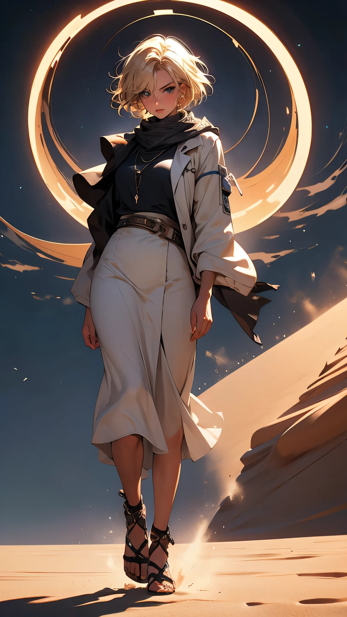 envision a 8k, highres, cinematic, beautiful full body pinup of a lady with a slender muscular body, strong face, strong mature older face, ((tan skin)), (((choppy blonde hair))), blue hair, multicolored hair, side locks, long bangs, blue eyes, desert shirt, desert gear, desert scarf, dune gear, ((((1girl)))), in dark lighting, against a dark gray background