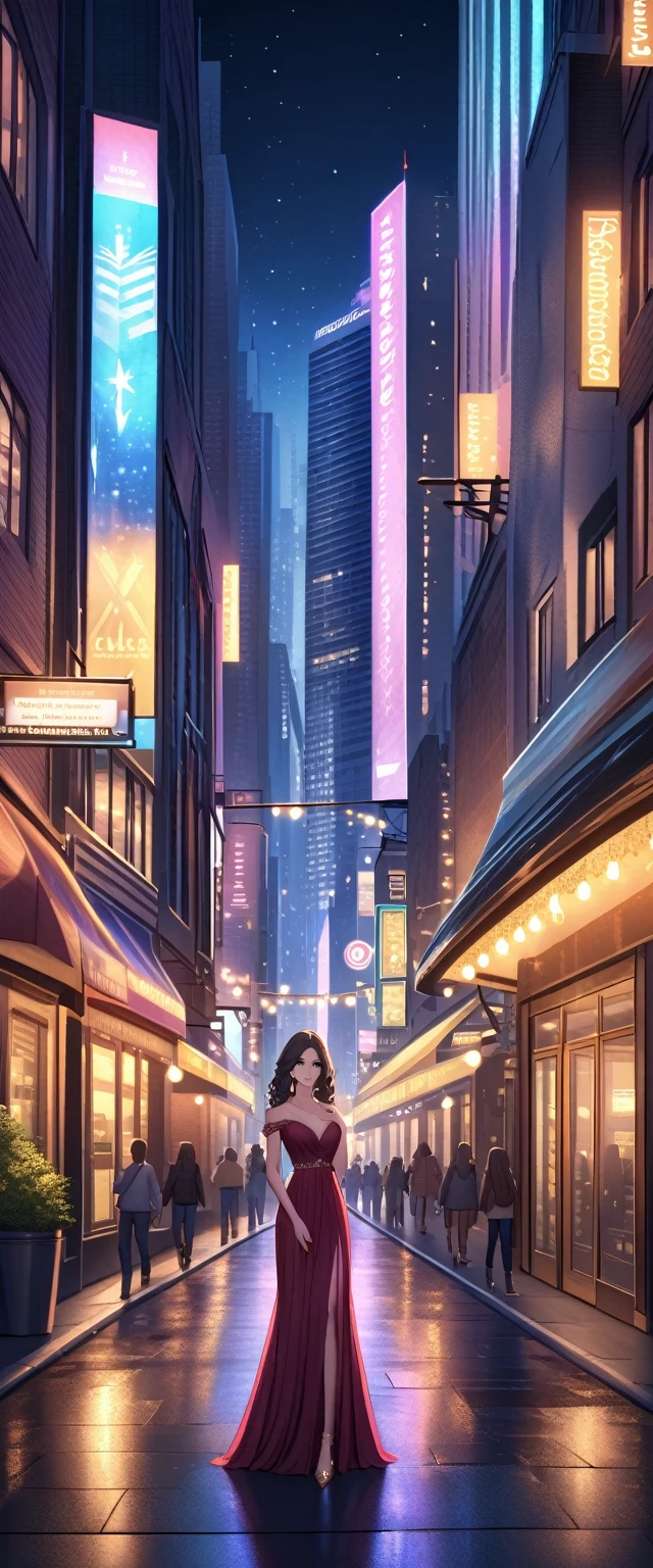 Beautiful American cityscape　Skyscraper　Metropolis　Gorgeous　new york　Downtown　Wide Road　Center Street　A woman is standing　night　Beautiful sky　Theater Street　Detailed woman　Latino Woman　Beautiful lights　Detailed Background