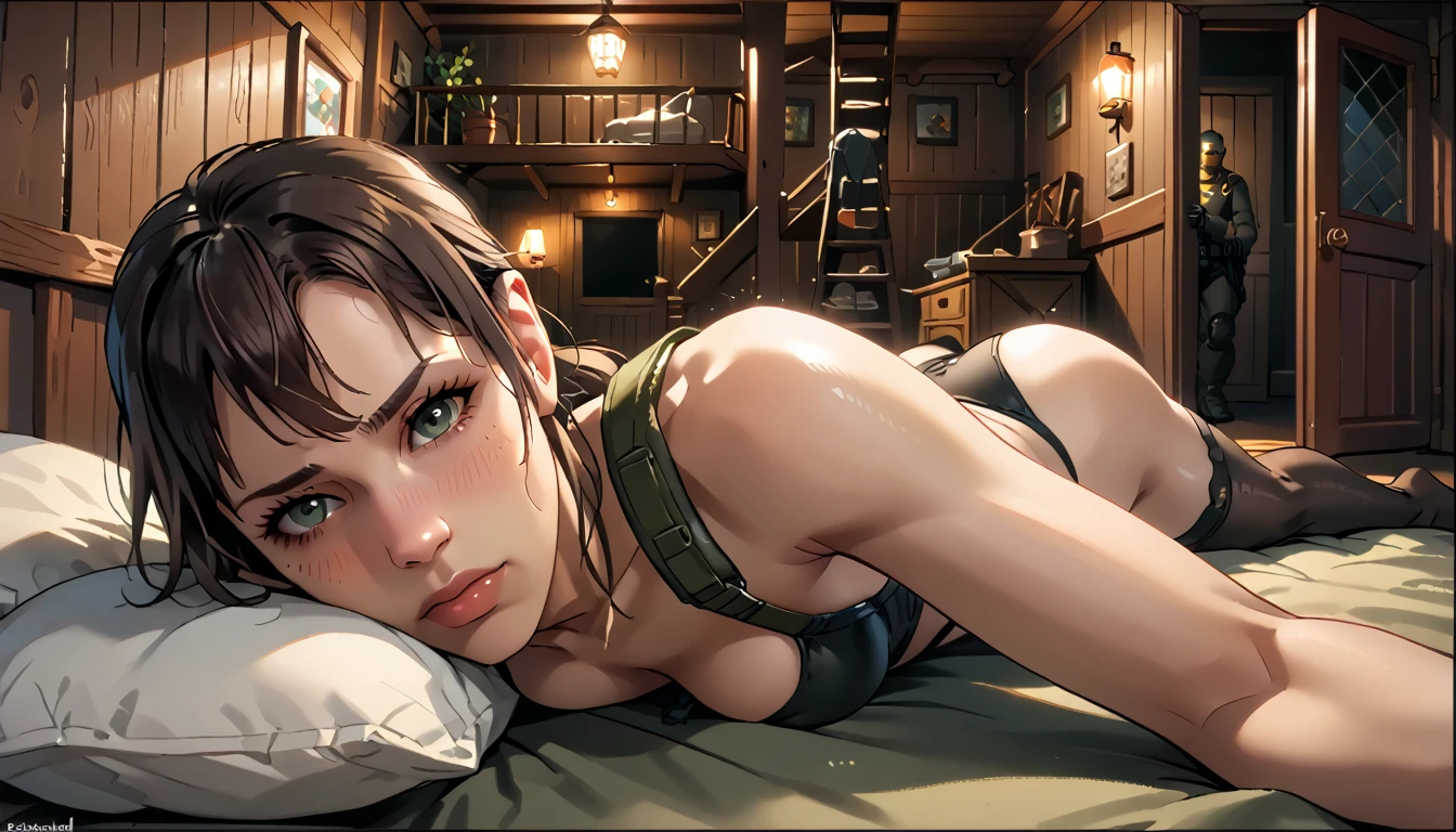 Score_9, score_8_up, score_7_up, quiet_mgsv ,cottage, toned, long hair, thighhighs, taking a selfie, cottage, laying belly down, ass up, face focus, face against pillow, blush, (front view,dark room,vignetting,hard shadow,flash photo,4n1vers3